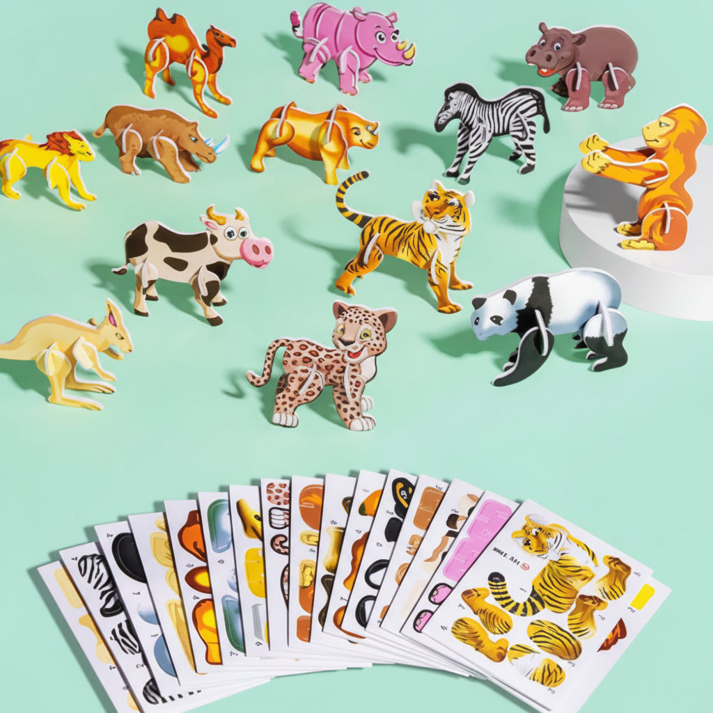 Kids 3D Animal Puzzle Set — Interlocking Wildlife Character Figures