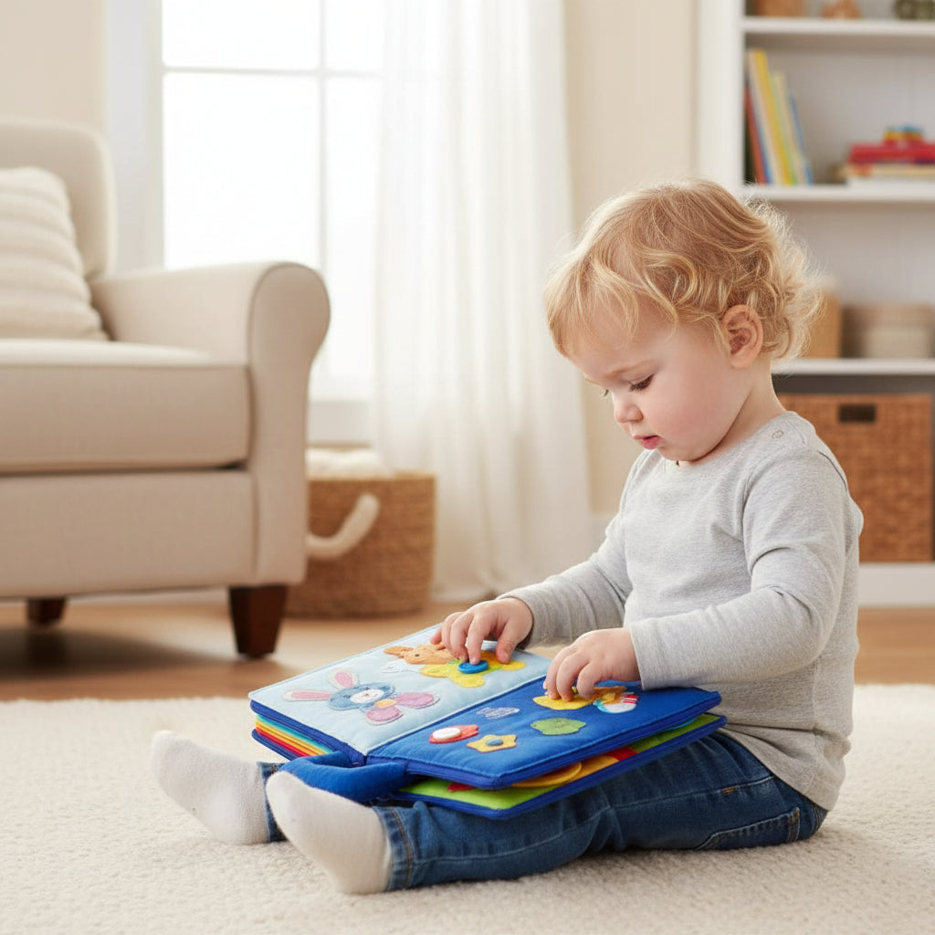 Montessori tichá knížka z měkké látky — interaktivní pracovní sešit s aktivitami pro batolata