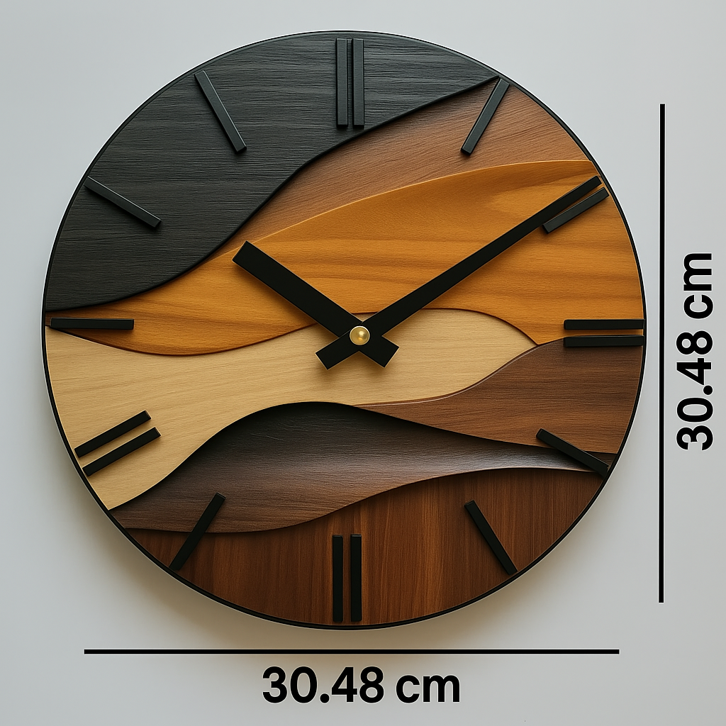 Okrągły zegar ścienny 12-Inch — tarcza z hartowanego szkła, nordycki wzór sztucznego drewna, cichy mechanizm
