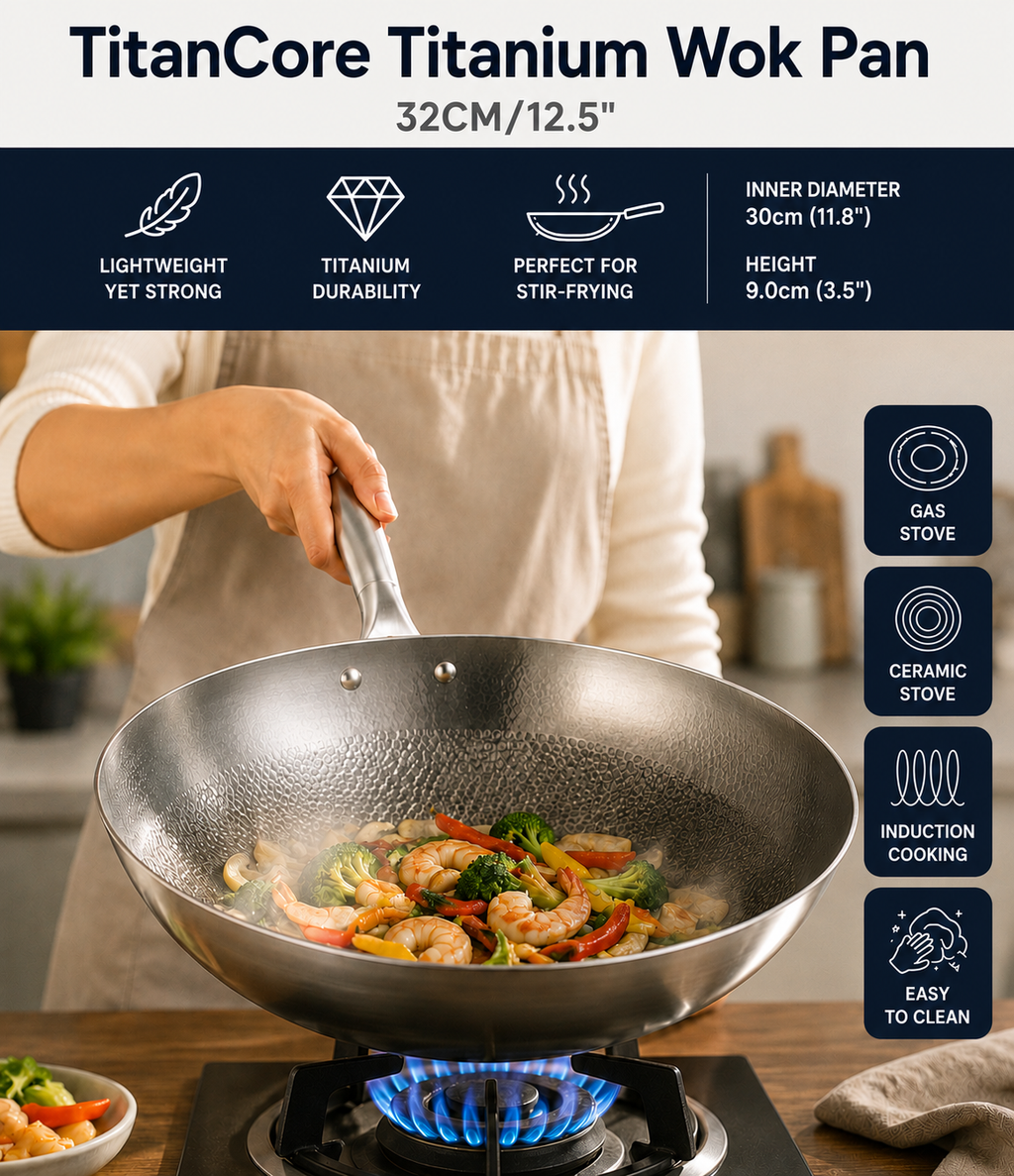 The Authentic Hand-Hammered Pure Titanium Wok (32CM)