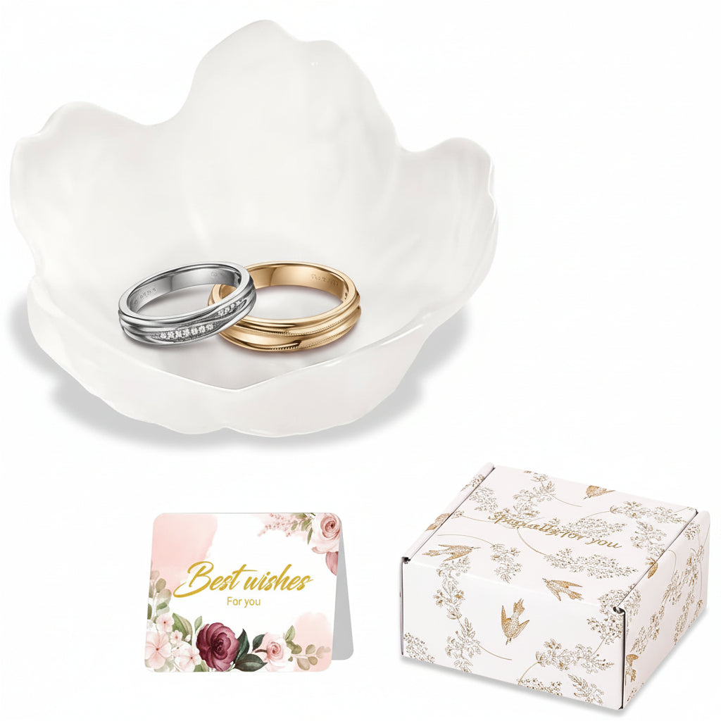 Floral Ceramic Jewelry Dish — 3.5 x 1.6-Inch Low-Profile Ring and Earring Tray