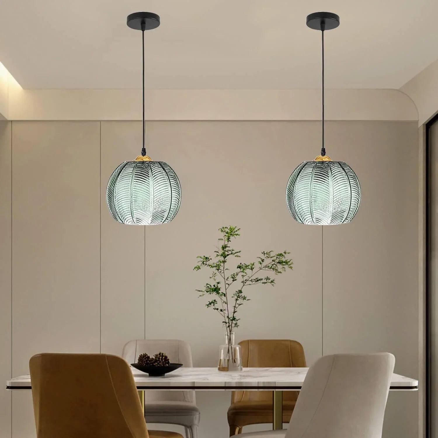 Lampada a sospensione in vetro rigato color zucca | Lampada a sospensione verde retrò | Meowbutter