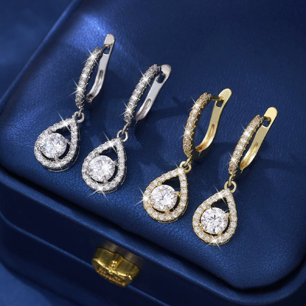 Teardrop Zircon Dangle Earrings on Copper Foundation — Roughly 2.8cm Length, Lightweight