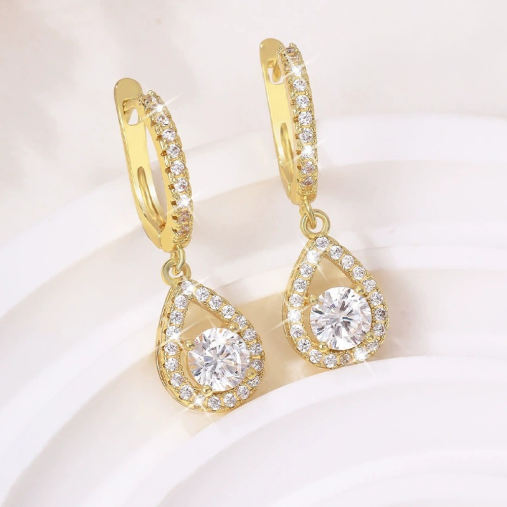 Teardrop Zircon Dangle Earrings on Copper Foundation — Roughly 2.8cm Length, Lightweight