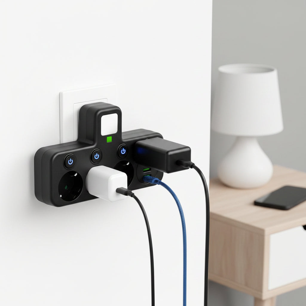 Väggmonterat överspänningsskydd med grenuttag — flera uttag, USB-portar