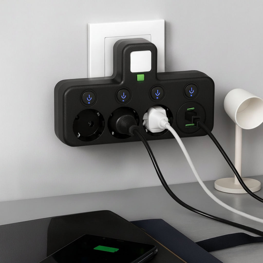 Väggmonterat överspänningsskydd med grenuttag — flera uttag, USB-portar