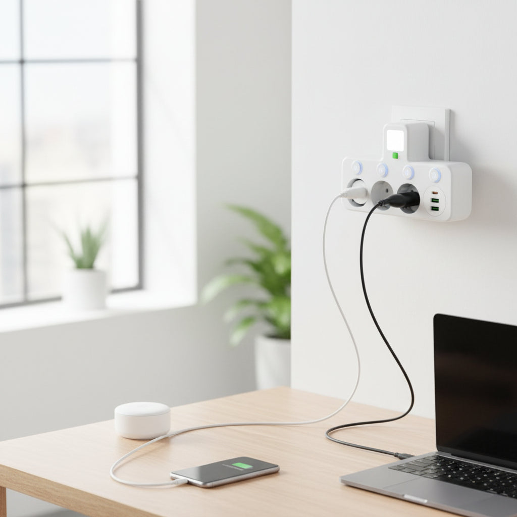 Väggmonterat överspänningsskydd med grenuttag — flera uttag, USB-portar