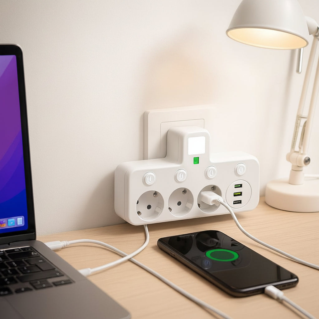 Väggmonterat överspänningsskydd med grenuttag — flera uttag, USB-portar