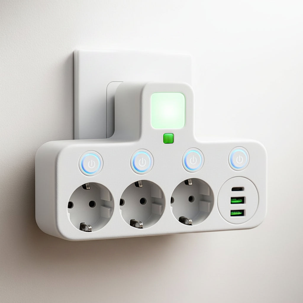 Väggmonterat överspänningsskydd med grenuttag — flera uttag, USB-portar