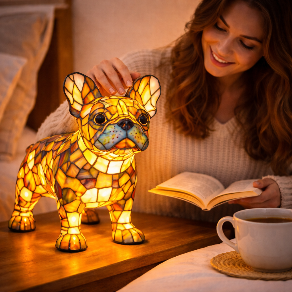 Lampe med farvet glas i hundedesign – ravfarvet LED-natlampe med flerfarvede refleksioner