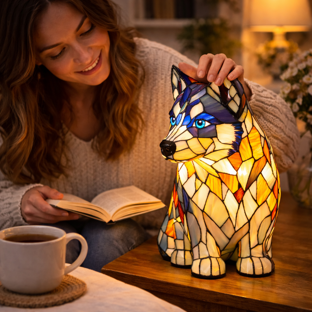 Lampe med farvet glas i hundedesign – ravfarvet LED-natlampe med flerfarvede refleksioner