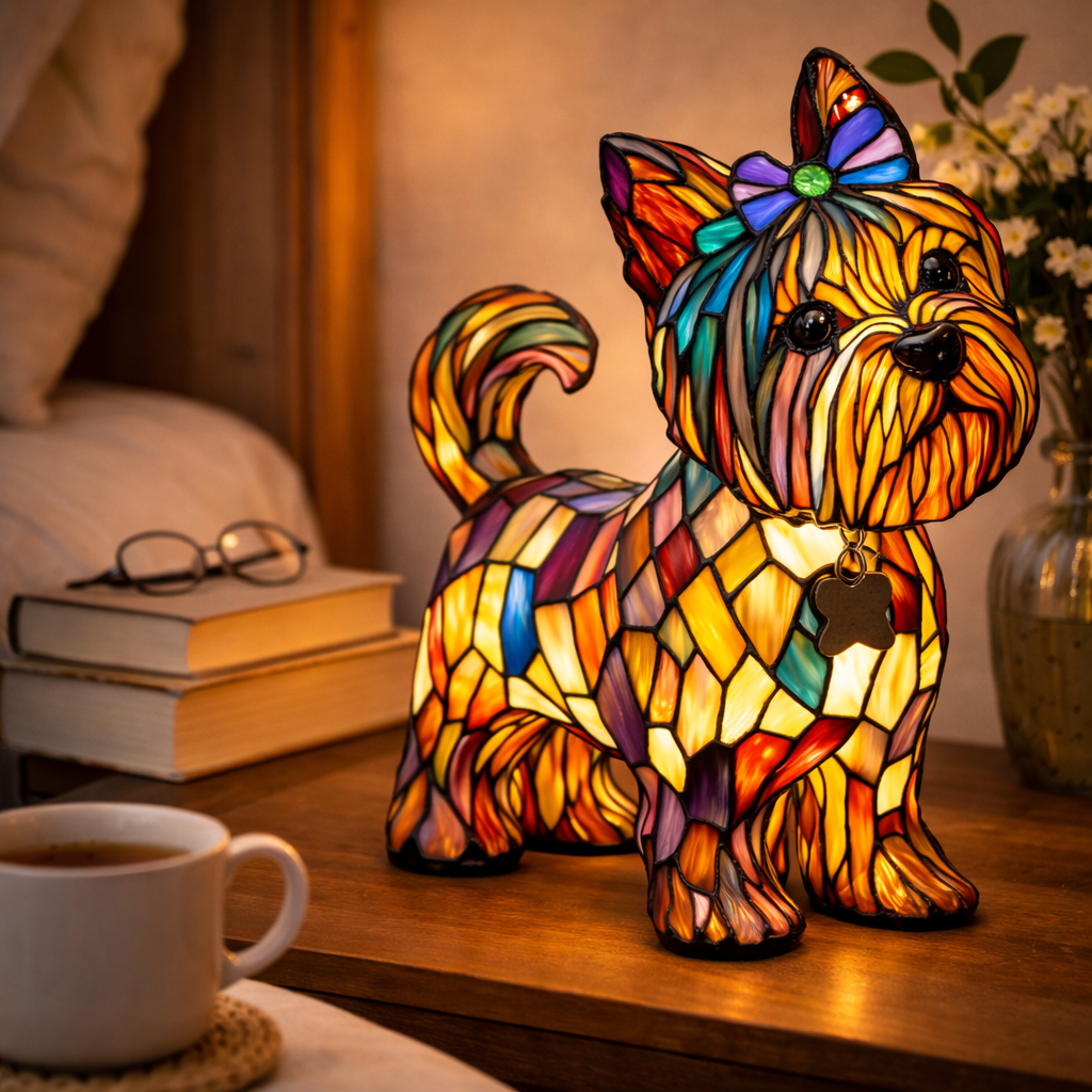 Lampe med farvet glas i hundedesign – ravfarvet LED-natlampe med flerfarvede refleksioner