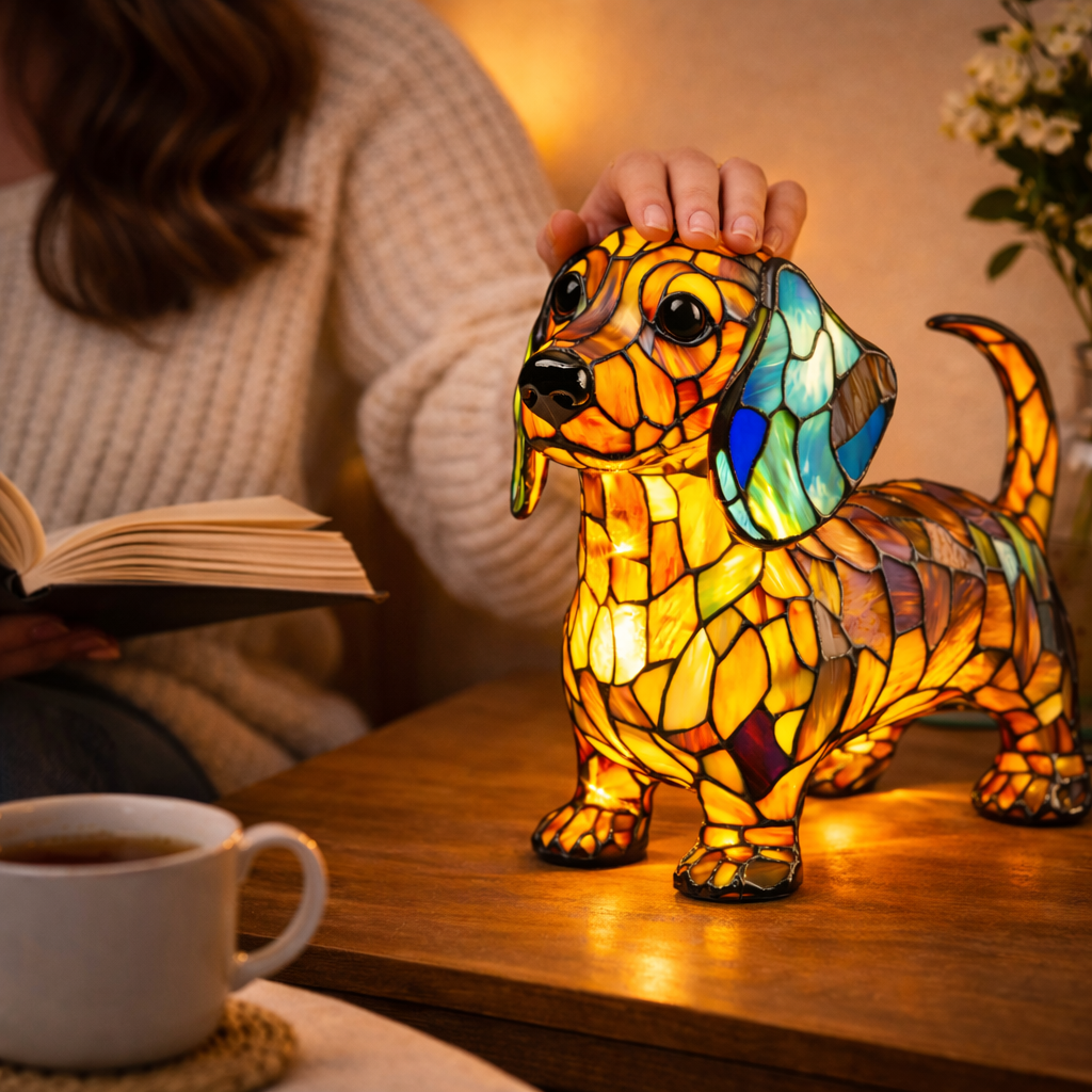 Lampe med farvet glas i hundedesign – ravfarvet LED-natlampe med flerfarvede refleksioner