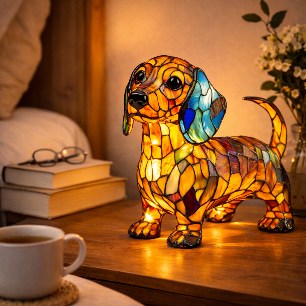 Lampe med farvet glas i hundedesign – ravfarvet LED-natlampe med flerfarvede refleksioner