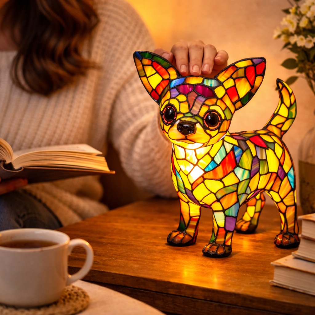 Lampe med farvet glas i hundedesign – ravfarvet LED-natlampe med flerfarvede refleksioner