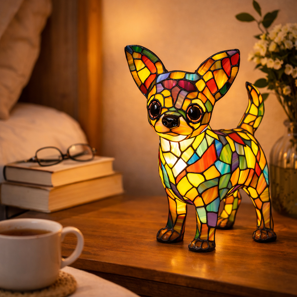 Lampe med farvet glas i hundedesign – ravfarvet LED-natlampe med flerfarvede refleksioner