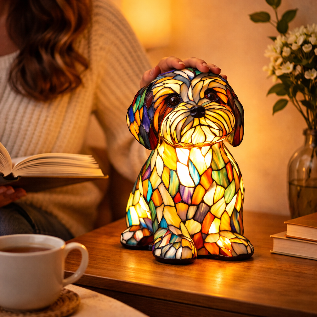 Lampe med farvet glas i hundedesign – ravfarvet LED-natlampe med flerfarvede refleksioner
