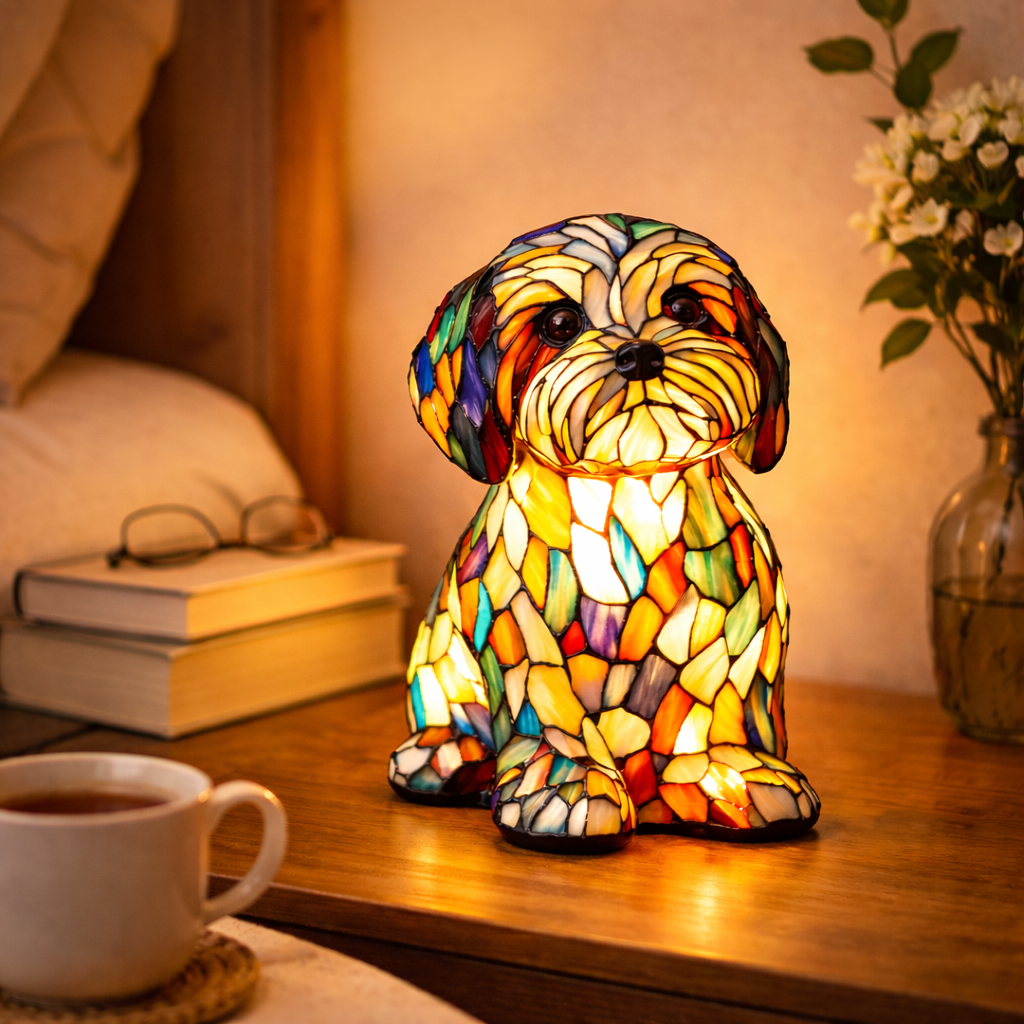 Lampe med farvet glas i hundedesign – ravfarvet LED-natlampe med flerfarvede refleksioner