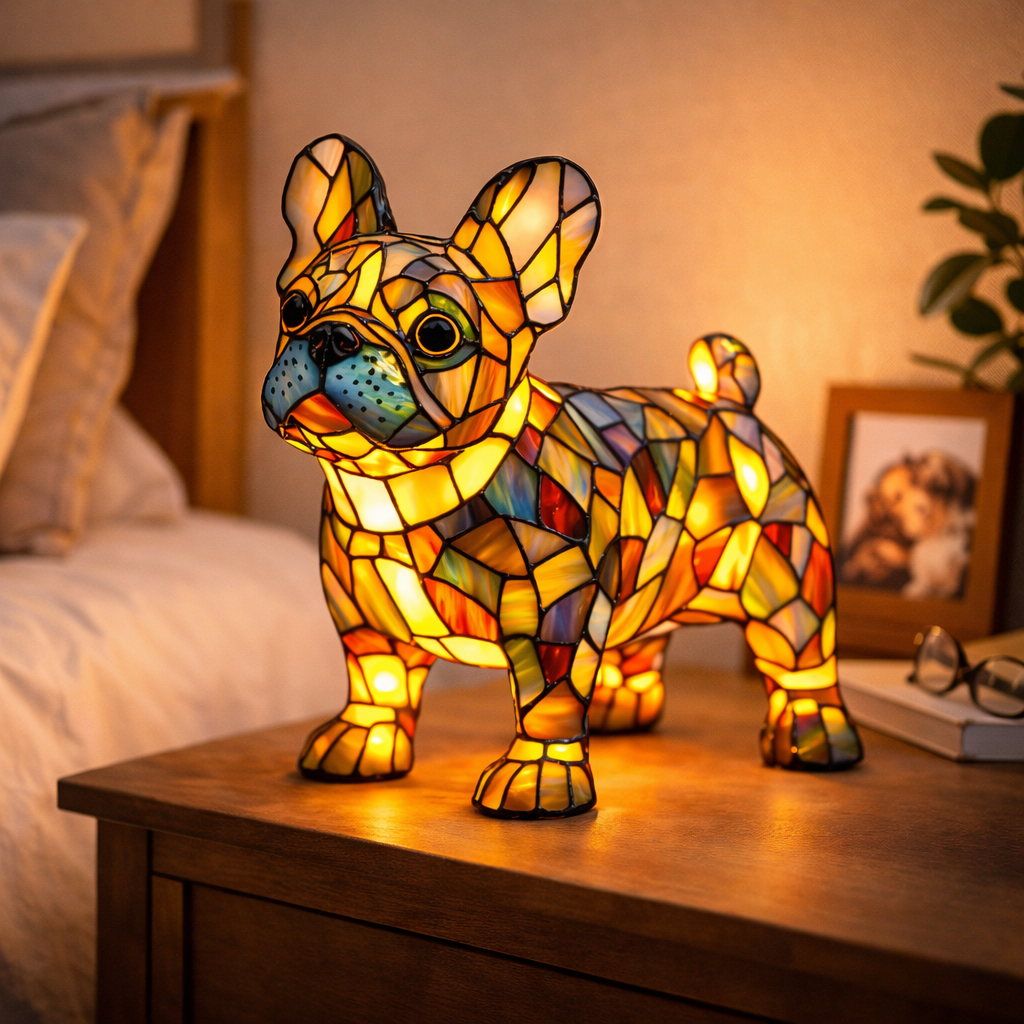 Lampe med farvet glas i hundedesign – ravfarvet LED-natlampe med flerfarvede refleksioner