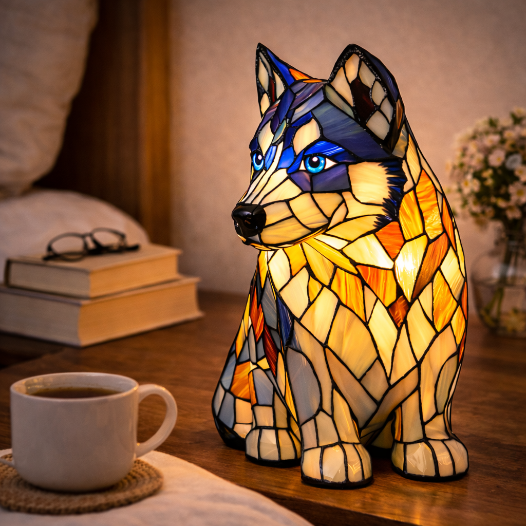 Lampe med farvet glas i hundedesign – ravfarvet LED-natlampe med flerfarvede refleksioner