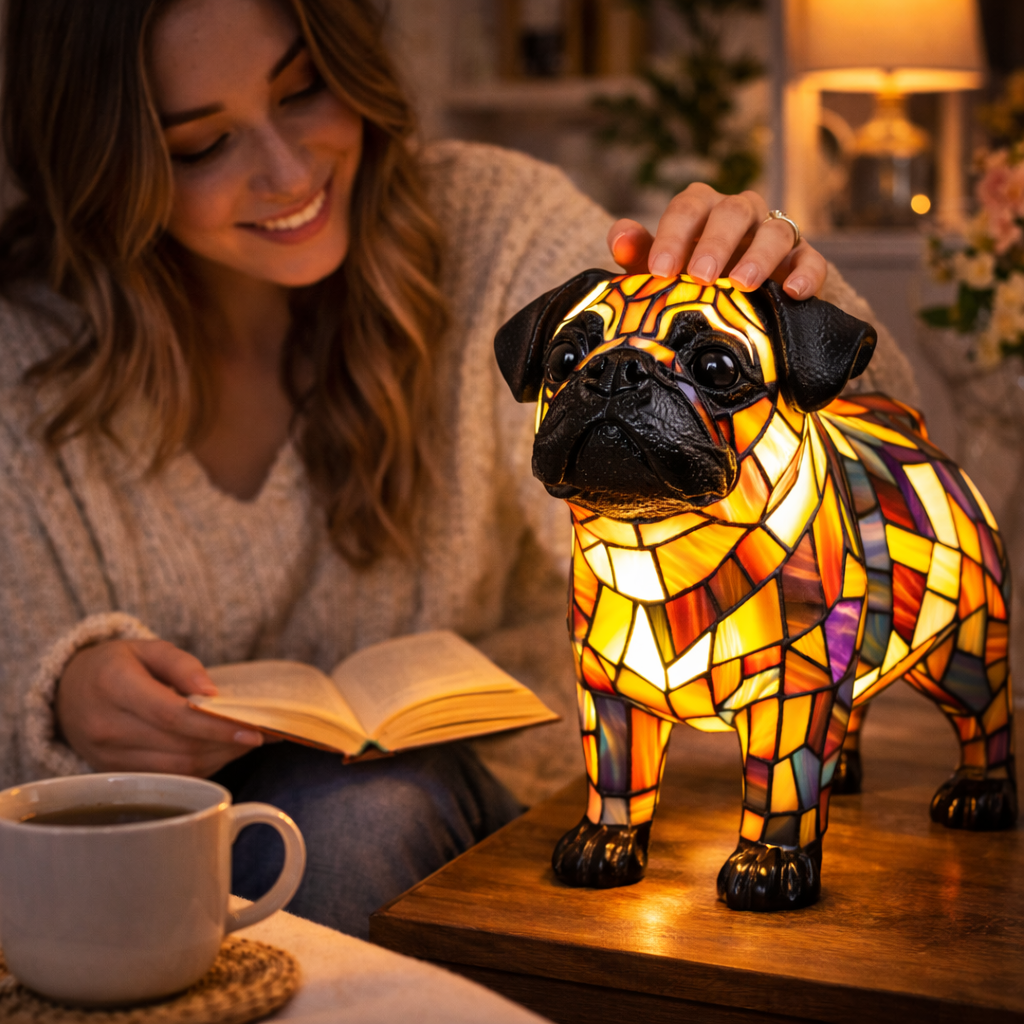 Lampe med farvet glas i hundedesign – ravfarvet LED-natlampe med flerfarvede refleksioner