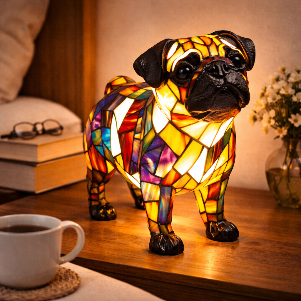 Lampe med farvet glas i hundedesign – ravfarvet LED-natlampe med flerfarvede refleksioner