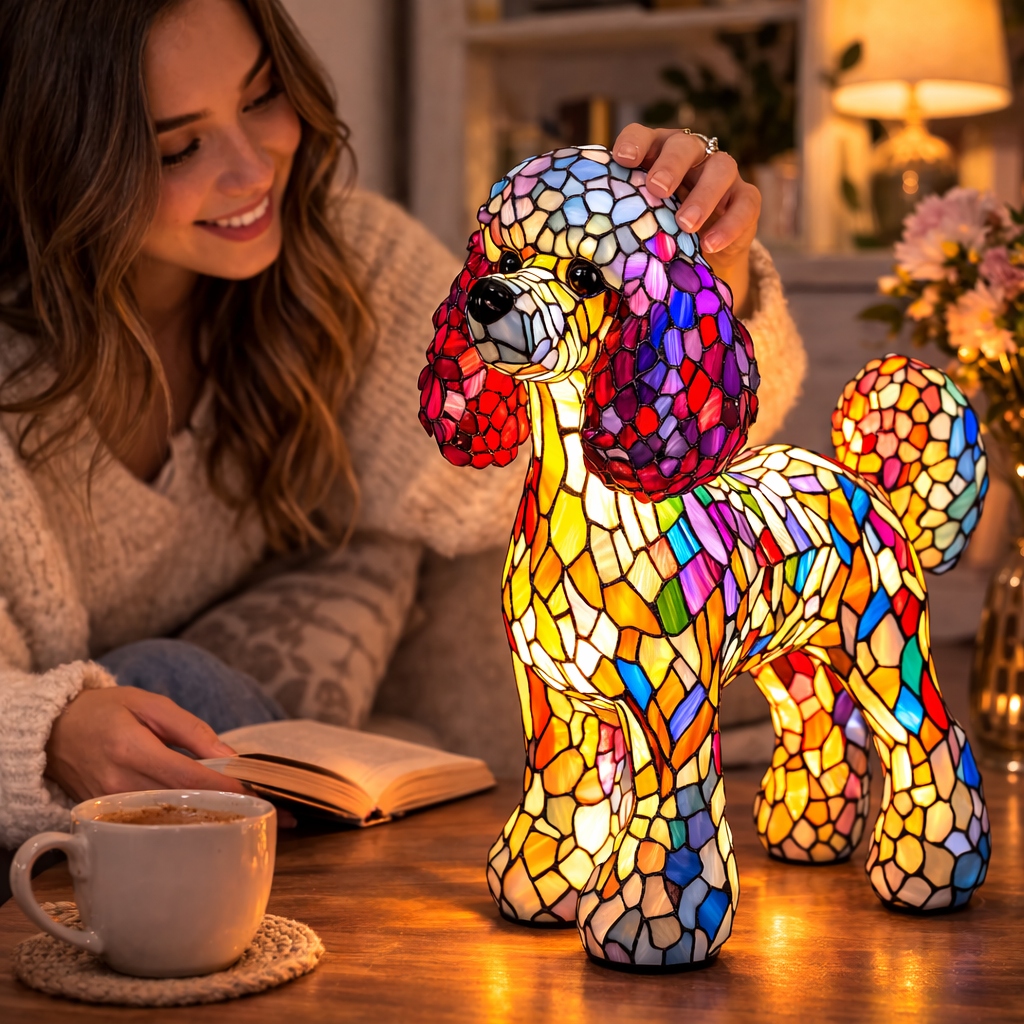 Lampe med farvet glas i hundedesign – ravfarvet LED-natlampe med flerfarvede refleksioner