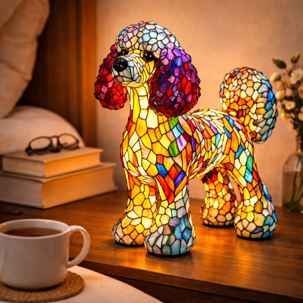 Lampe med farvet glas i hundedesign – ravfarvet LED-natlampe med flerfarvede refleksioner