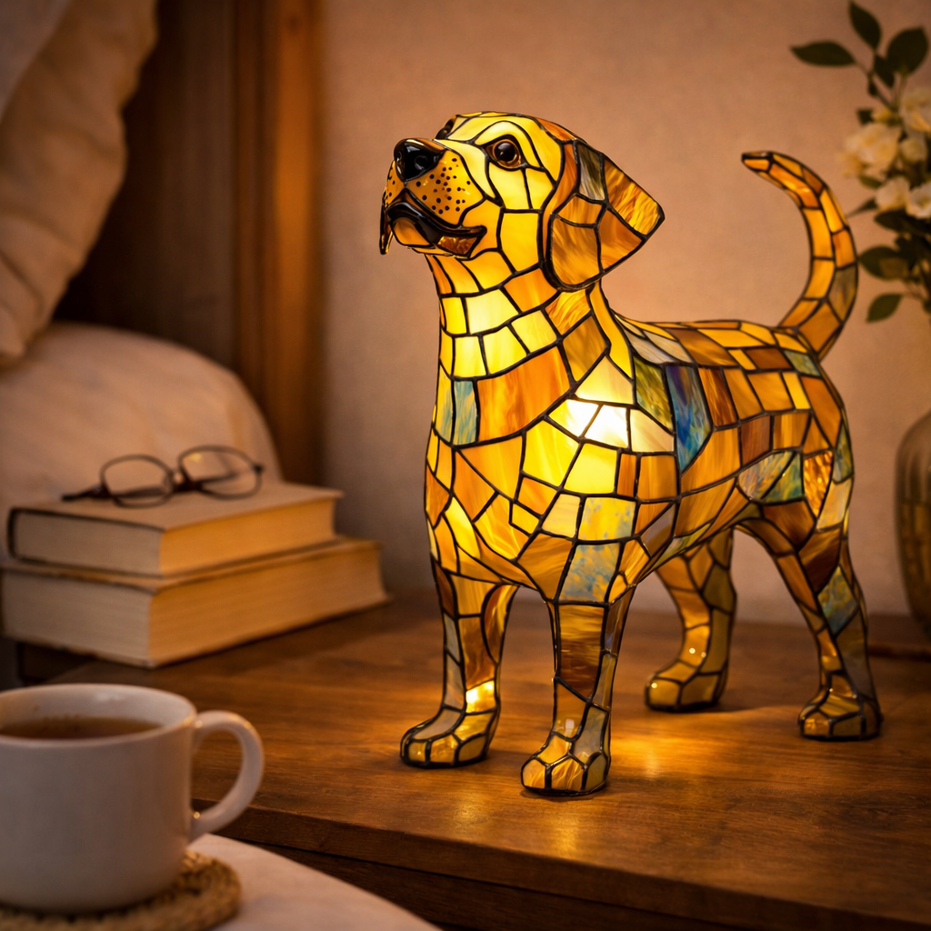 Lampe med farvet glas i hundedesign – ravfarvet LED-natlampe med flerfarvede refleksioner