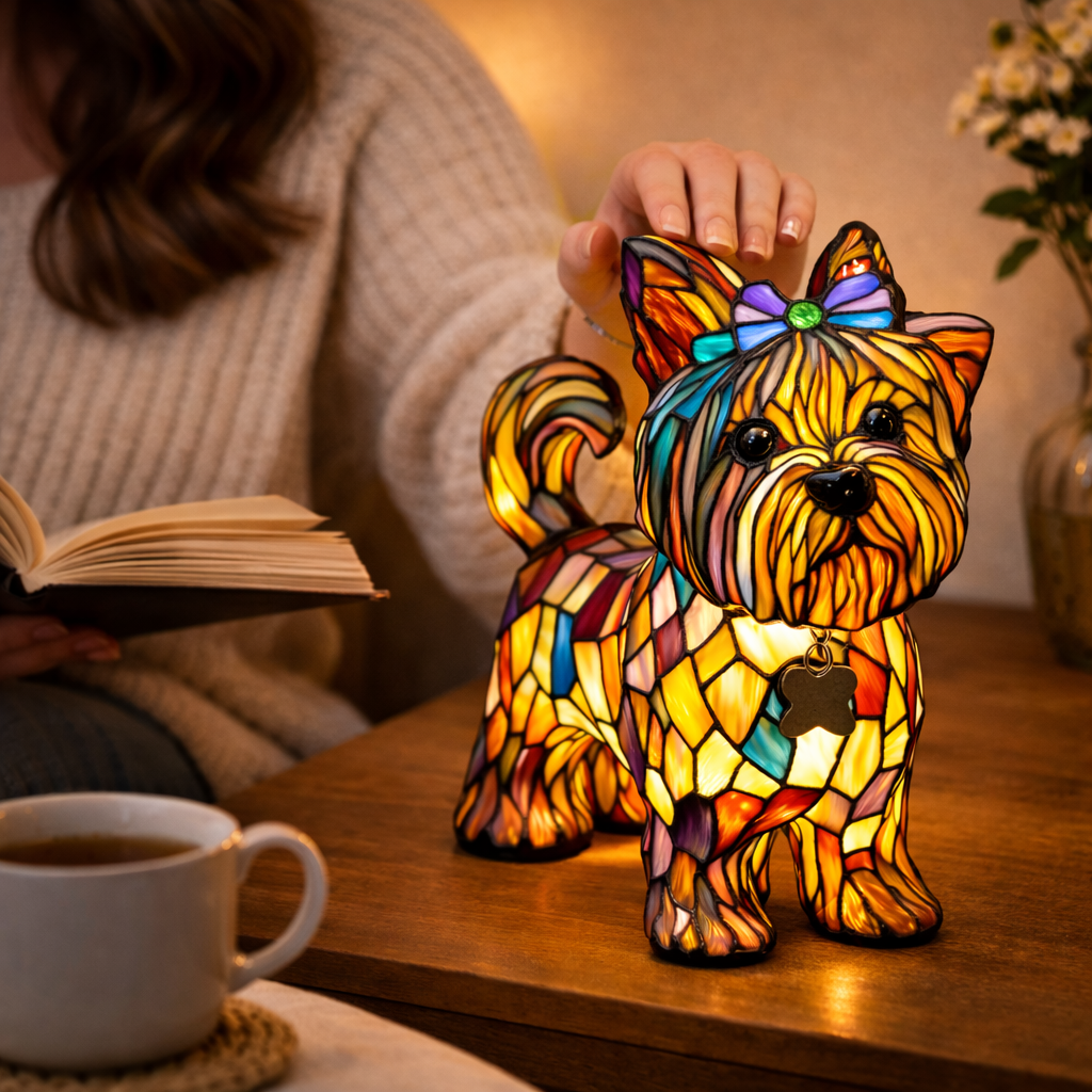 Lampe med farvet glas i hundedesign – ravfarvet LED-natlampe med flerfarvede refleksioner