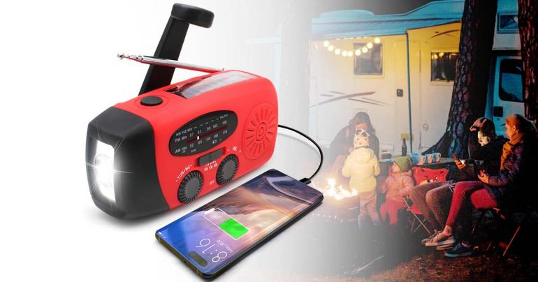 Nouzové rádio - AM/FM - solární a ruční nabíjení - LED svítilna a powerbanka 1200mAh - černá a červená | meowbutter
