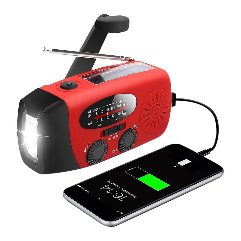 Nouzové rádio - AM/FM - solární a ruční nabíjení - LED svítilna a powerbanka 1200mAh - černá a červená | meowbutter