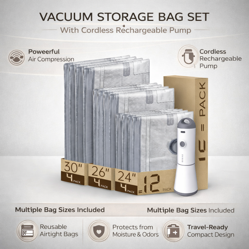 Vacuum Storage Bags Cordless Pump Travel Packing Set | Meowbutter