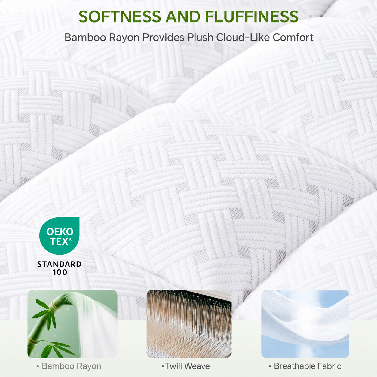 Comfort Cloud 3 hüvelykes bambusz steppelt fedőmatrac — mély zsebes, gumírozott szoknyával