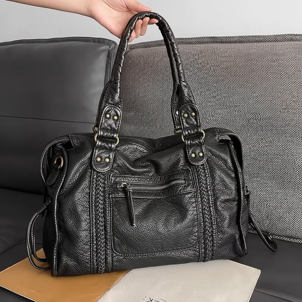 Women's Large Handbag — Black PU Leather, Retro Look, Adjustable Strap