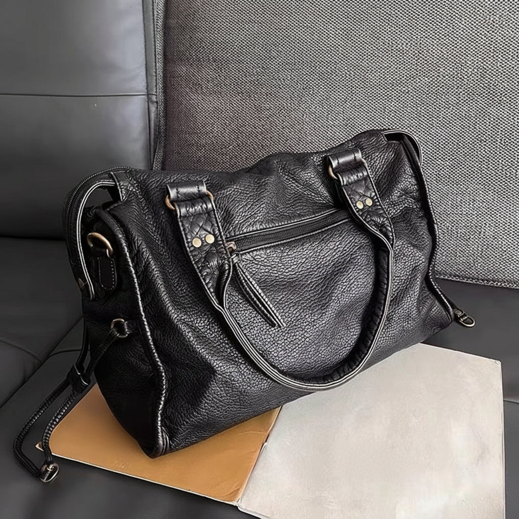 Women's Large Handbag — Black PU Leather, Retro Look, Adjustable Strap