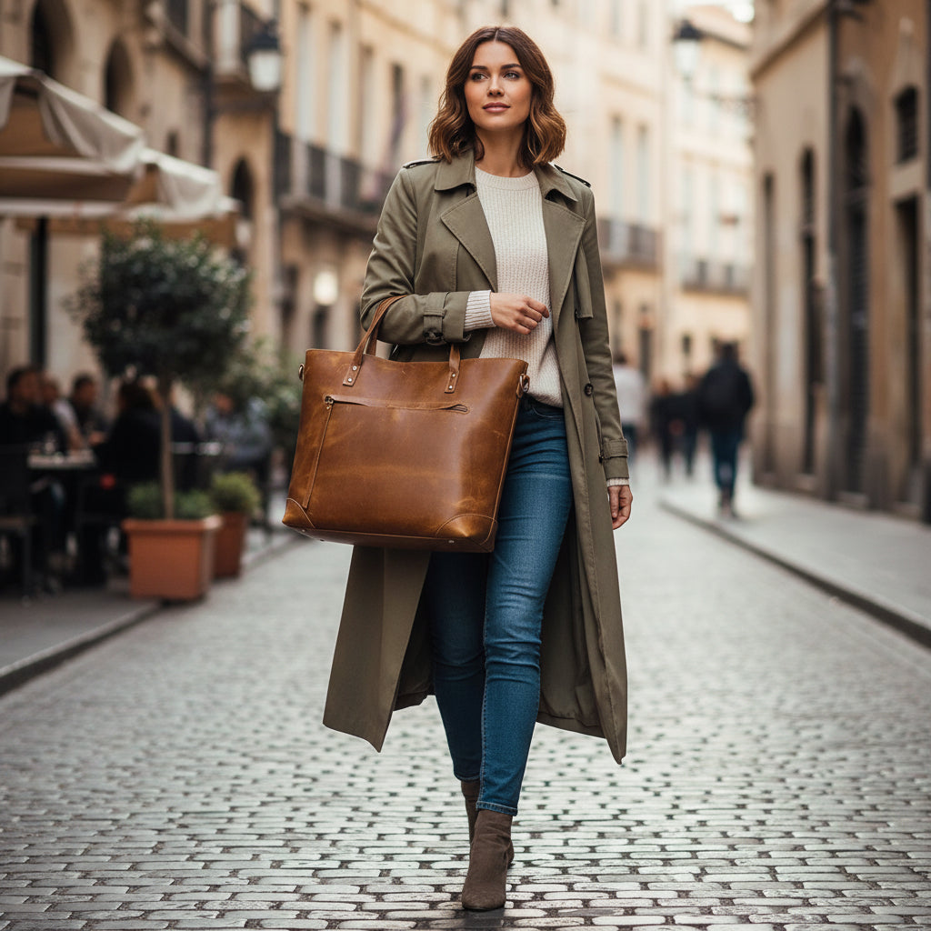 Women's Large Leather Tote Bag — Secure Zippered Closure