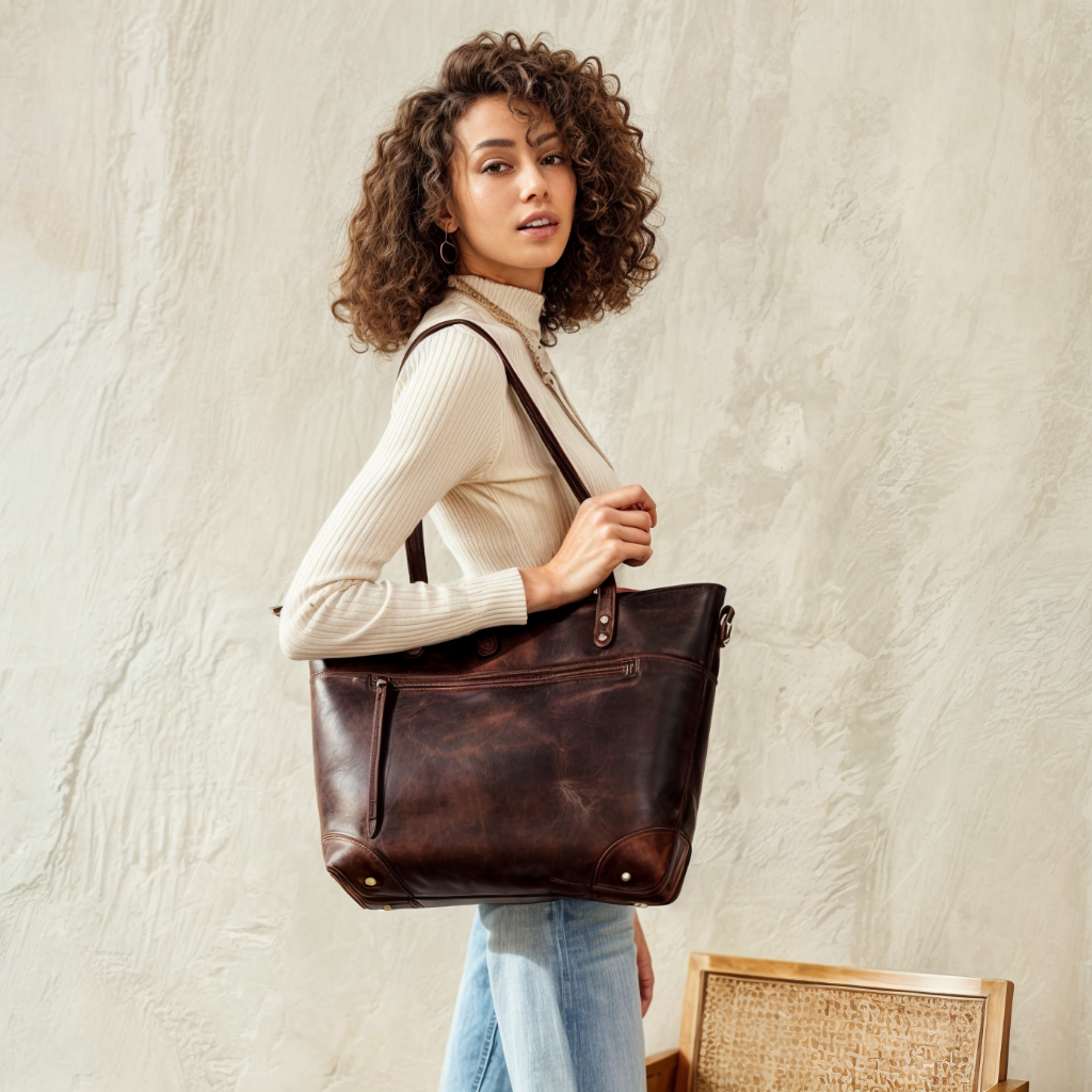 Women's Large Leather Tote Bag — Secure Zippered Closure