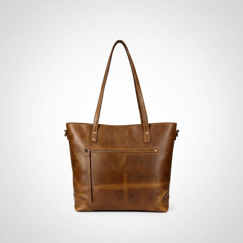 Women's Large Leather Tote Bag — Secure Zippered Closure