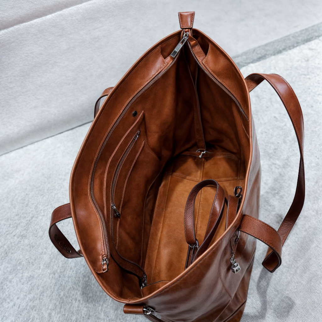 Women's Large Leather Tote Bag — Secure Zippered Closure